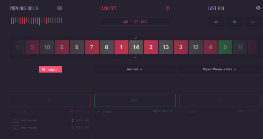 Screenshot of a CS2 gambling site interface displaying a roulette-style game with a jackpot section, previous rolls history, and betting options.