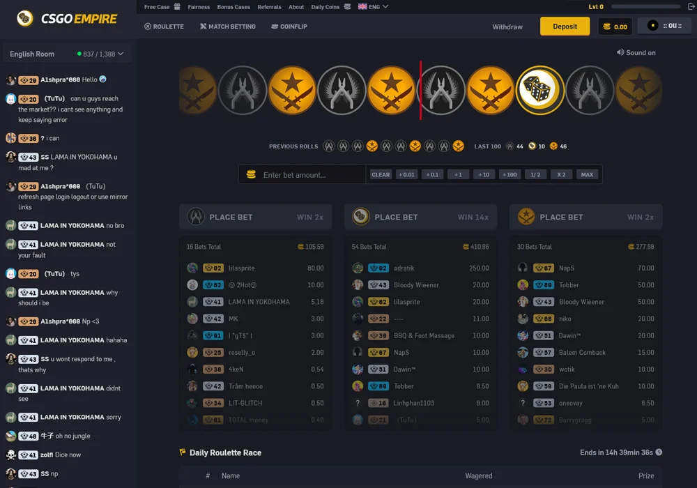 Screenshot of the CSGOEmpire gambling site interface displaying live chat, betting options, and roulette-style game results.