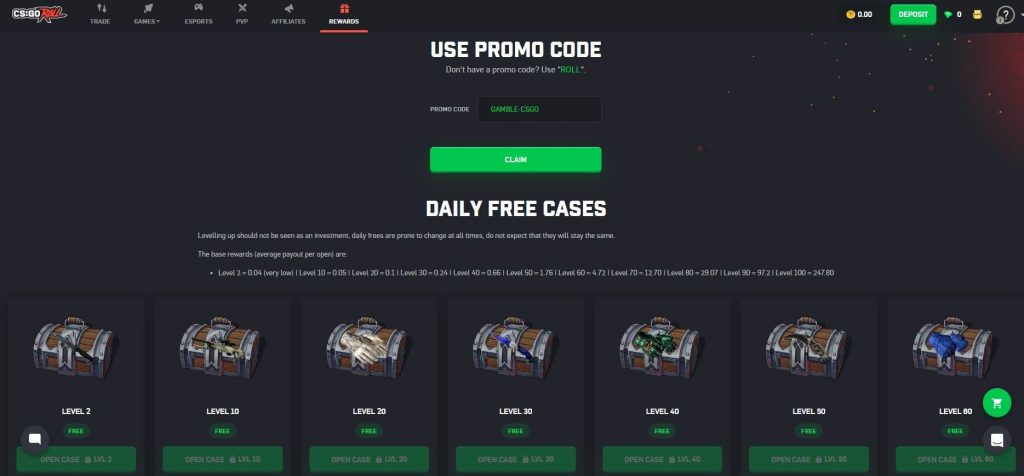 Screenshot of a CS2 gambling site showcasing daily free cases, a promo code offer, and options to claim rewards and open cases based on player levels.